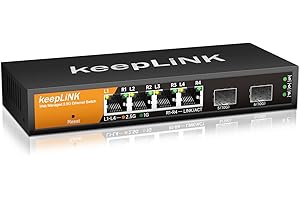 keepLiNK 6 Ports 2.5G Smart Web Managed Switch, 4 x 2.5G Base-T Ports, 2 x 10G SFP+ Slots, Support Static Link Aggregation, QoS/VLAN/IGMP, Silencieux, sans Ventilateur, de Bureau / Montage Mural