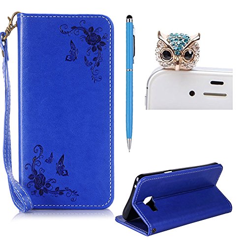 SKYXD Leder Hülle für Samsung Galaxy A3 2016 Rosen Blumen und Schmetterlings Muster,PU Folio Klappbar SchutzHülle [Brieftasche Kartenfach / Magnet / Standfunktion / Trageschlaufe] KlappHülle für mit [Eule Handyanhänger + Eingabestift] 3 in 1 Zubehör Set Handy Tasche Etui for für Samsung Galaxy A3 2016 A310F Bookstyle Flip Case Leather Cover With [Stylus and Dust Plug]- Blau