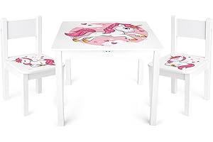 Leomark tavolo e 2 sedie in legno per bambini 60x60x49 cm, stabile set per camera dei bambini, sala comune, scuola materna, asilo nido, mobili per bambini, Yeti colore Unicorno rosa