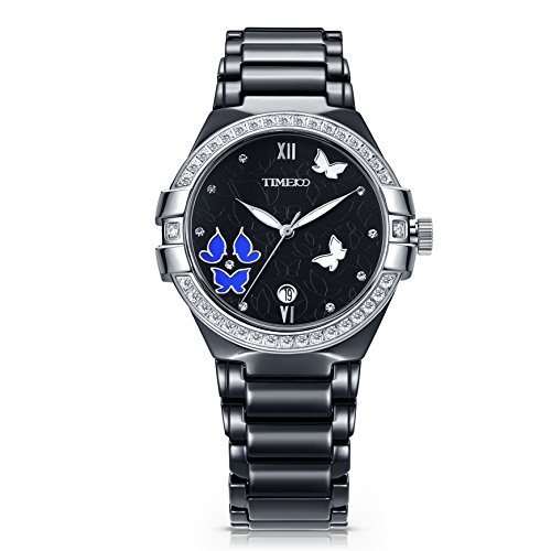 TIME100 NEU Retro Damenuhr Schwarz Keramik Starass Armbanduhr Quarzuhr Mädchenuhr mit Datum Schwarz #W50354L.01A