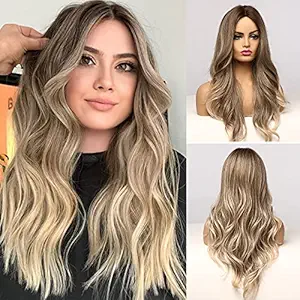 eNilecor Ash Blonde Wig,Ombre Brown Wigs for Women Long Blond Wavy Synthetic Wig Natural Heat Resistant Wig for Daily Party (Ombre Brown to Ash Blonde)
