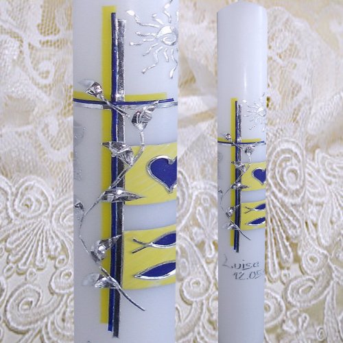 Modern Taufkerze Kommunionkerze 400×40 SONNE HERZ FISCHE Mehrfarbig rosa pink lila Inclusieve Namen und Datum ITP150 - 3