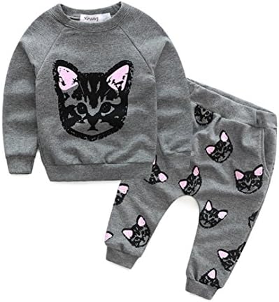 Hukz Girls Clothing Baby Kids Set Clothes Cats Print Tracksuit +Pants Outfits Set (4T, Grey)