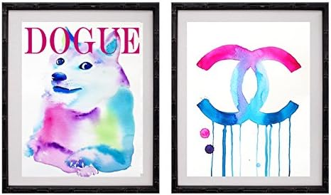 Set of 2 Colourful Doge Vogue Dogue Dog Art Prints Fashion Illustration Blue Hot Pink Style Icon Salon Decor