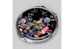 Antique Alive Mother of Pearl Dragonfly Compact Cosmetic Makeup Round Hand Mirror with Wild Flower Design