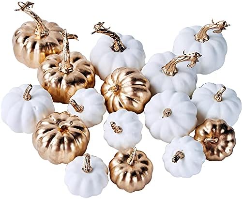 Miaikoe 16 Pcs Vari Autunno Zucche Artificiali Vendemmia Bianco Faux Zucche e Dorate Placcatura Zucche per Halloween Autunno Ringraziamento Decorazione Annunci