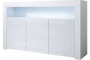 MB Muebles Bonitos, Aparador Aker con Luz LED y 3 Puertas para Salón Comedor, Mueble TV de Melamina Brillo, Color Blanco, 155x91,5x37 cm