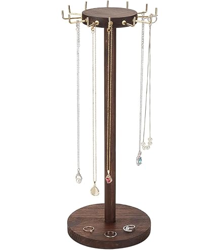 Présentoir à Bijoux Rond En Noyer Massif - 12 Crochets Pour Colliers, Bracelets, Boucles - Déco Bureau Ou Coiffeuse - Hauteur 40 Cm