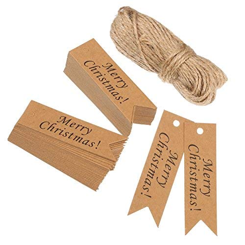 Amaza 150pcs Etiquetas de Papel Kraft 7cm x 2cm Gift Tags Navidad Regalos con 30m Cordel de Yute Navidad Decoracion Arbol (Marrón)