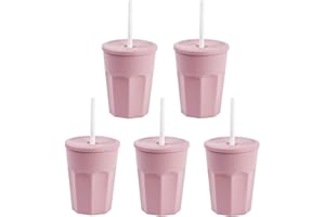 Engelland - 5 x Kunststoffbecher mit Deckel, Rosa, Trinkbecher mit Strohhalm, Party-Becher, Plastik Trink-Gläser, Mehrweg, 0,25 Liter