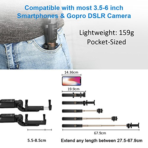 Selfie Stick Stativ mit Fernbedienung, BlitzWolf 4 in 1 Verstellbare Selfie-Stange Stab Monopod fÃ¼r Gopro Kamera iPhone X/ 8/ 7/ 7 plus/ 6s/ 6/ 5s Android Samsung und die meisten Smartphones, Ausfahrbar 360Â° bis zu 68 cm VerlÃ¤ngerbar (Schwarz)