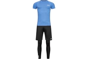 JELEX Sportinator Men's 3 Piece Fitness Set - Shirt, Leggings and Shorts for All Sports and Fitness Activities - Sizes S to XXL - Blue, Red or Green
