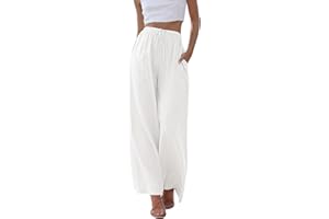 Voqeen Mujer Pantalones de Lino Anchos Verano Casual Pantalon Frescos Cintura Alta Elástico Cordón con Bolsillos Palazzo Pants de Playa Largos Suelto Pantalón Vintage Ligeros y Cómodos