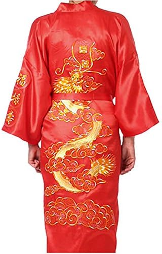 Bon amixylMen’s Dressing Gown Bathrobe Satin Silk Bath Robe Kimono Gown Dragon Embroidery Yukata Hakma Vintage