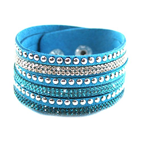 Fabulous Bijoux Bracelet Slake Wrap Strass Brillant Cristal Double Tour Cuir de Daim Bleu