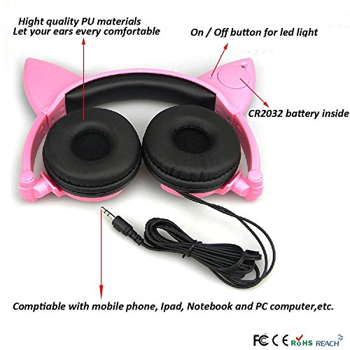 KEBIDU-Cat-Ear-Headphones-with-Glowing-Ears-Cartoon-Headphones-for-Kids-Foldable-Ear-Kids-Headphone-with-Glowing-Light-for-Girls-Cosplay-Fans-Compatible-with-iPhone-Android-Phone