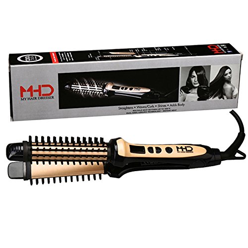 MHU 3 in 1 Ceramic Straightening hair Brush Heat Resistant Hair Straightener and Ceramic Curler Lock Temp LED Display Dual Voltage Auto Shut Off UK Plug