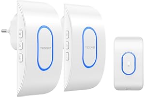 TECKNET Timbre Inalámbrico Exterior Impermeable con 2 Receptores Enchufables, IP65 Impermeable Doorbell 400M, 60 Melodías y 5 Niveles de Volumen, 3 Modos de Trabajo, Indicador LED - Blanco