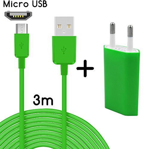 Original COVERLOUNGE - 2in1 Ladeset mit Micro USB Kabel / Datenkabel / Ladekabel [3m] & Slim Netzteil USB universal Adapter [1.0A] für alle SONY Smartphones mit Micro USB Anschluss | Farbe: grün | Länge: 3 Meter / 3m