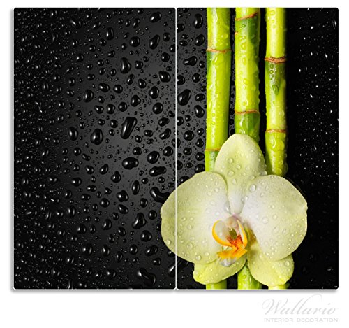 Wallario Herdabdeckplatte / Spritzschutz aus Glas, 2-teilig, 60x52cm, für Ceran- und Induktionsherde, Grüne Orchidee mit Bambus auf schwarz - Regentropfen