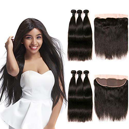 DAIMER Lace Frontal Closure Ear to Ear 3 Bundles of Brazilian Straight Hair Lace Frontal 13x4 Lace Frontal Full Sew in 12 14 16 +10 Frontal