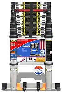 EuroLadderSystems Pro Telescopic Ladder 5.6 Meter (18.6 ft) - Stores at 3.6 ft - Zero Flex Technology (Rock Solid)- Red Que Safe Step - Stabilizer,Anti Skid feet & Wheel Kit