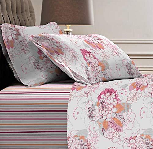 EASY HOME Set Lenzuola Flanella Matrimoniale 100% Cotone. Completo Letto 4 pz Invernale in Morbida Flanella. Fantasia Fiorata. Lenzuolo sopra + Lenzuolo sotto con Angoli + Coppia federe. Colore Rosa