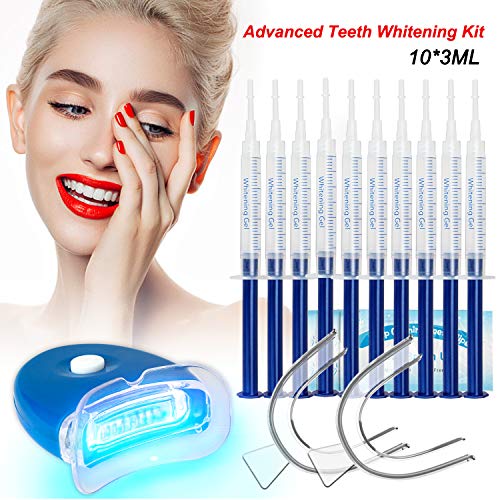 Kit Blanchiment Dents Gel Blanchiment Dentaire -Professionnel Système de Blanchiment Dentaire-10x3ML GEL de Blanchiment, Lampe 1xLED, 2 Plateau Oral,1xCarte de Couleur, 5xEssuie-dents Supplémentaires