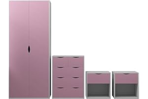 AFN HOME AFN Delvito 4 Piece Bedroom Furniture Set - Includes Wardrobe, 5 Drawer Chest, Bedside Cabinet (Pink on White)