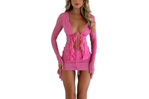 Tyolakuen Women Sexy Two Piece Outfits Lace Mini Skirt Set Lace Ruffle Trim Long Sleeve Tops Bodycon Mini Skirt Y2K Going Out