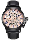 Revêtement IP noir Alienwork Montre mécanique Automatique Homme Femme Mixte Bracelet Cuir Noir Analogique Unisex Or Rose Imperméable Squelette