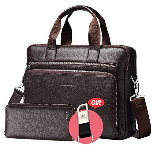 BISON DENIM Herren klassische echtes Leder Aktenkoffer Laptop Schulter Messenger Bag Business Tote  Coffee 2PCS  