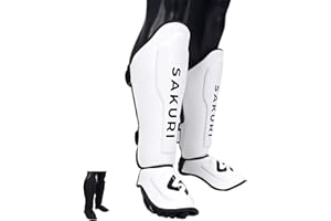 SAKURI Shin Guards for Kickboxing, Muay Thai, MMA, Taekwondo, Karate, Boxing, Martial Arts, Premium Maya Hide Leather, Leg Instep Protection Pads, Training Sparring Equipment Gear