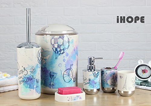 Bathroom Accessories Set, IAMUQ New Fashion Printing Series Bathroom 6 Piece Sets, Toothbrush Holder, Rinse Cup, Soap Dispenser, Soap Dish, Toilet Brush and Holder, Waste Bin, Suitable for Bathroom