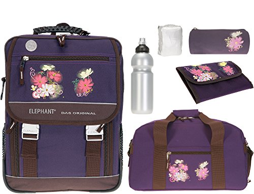 Preisvergleich Produktbild 5 Teile SET: ELEPHANT SELECT Schulrucksack + Sporttasche + Mäppchen + Regenüberzug + Trinkflasche / VIOLETTA / Lila Violett mit Flower