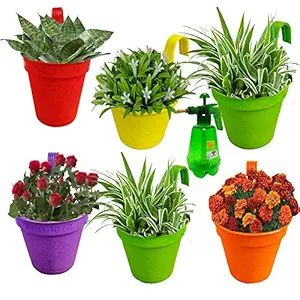 RED WIND Garden_Balcony_Railing Hanging Size 9 Inch_Flowering Planter_Pack of 6_Multicolor_with 2 litres Garden Pump Pressure Spray Bottle RIFP25