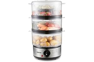 Geepas 3-Tier Food Steamer, 7.2L | Electric Vegetable Steamer with 3 Removable Cooking Bowls & Rice Bowl for Healthy Steam Cooking | 60 Mins Timer, Stainless Steel Housing, Compact Design, 400W