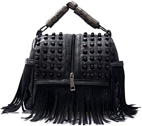 Ladies fringed shoulder bag,Rivet portable retro hobo bags Crossbody bags for girls-black