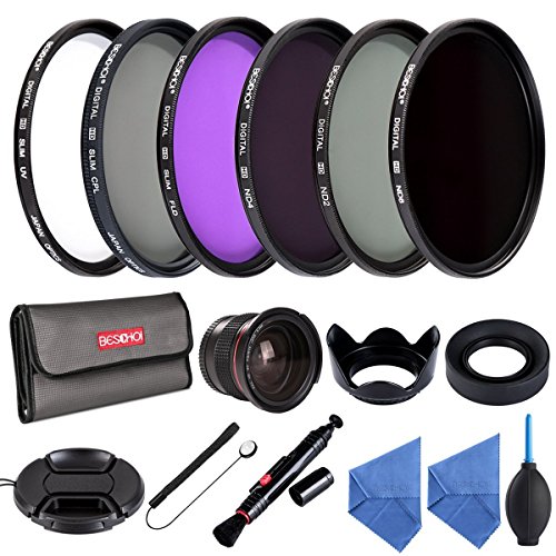 Beschoi 52 mm Kit de filtres Professionel UV CPL FLD ND2 ND4 ND8 pour DSLR NIKON DSLR D5300 D5200 D5100 D5000 D3300 D3200 D3000 D90 D80   52 mm 0 35x Super Fisheye lentille   Pare-soleil Tulipe   Pare-soleil en caoutchouc pliable   Air Brower   2   chiffon de nettoyage microfibre pour objectif   Bouchon D objectif Pinc  e Centre avec cordon   Stylo de nettoyage   Pochette Sac filtre