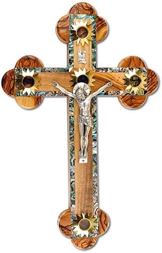 Charming Mother of Pearl Plated 14 Stations Wall Wood Cross Crucifix with Holy Essences Made of Olive Wood 11"