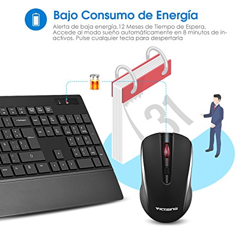 VICTSING Pack de Teclado y Rat  n Inal  mbricos  QWERTY Espa  ol 104 Tecla  USB  2 4GHz  para PC  Mac  Tableta  Ordenador  Smart TV   Color Negro
