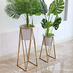 Weston Crafts Metal Planter Stand Set of 2 Modern Design More Decor Living Room Balcony Garden Stand Color is Gold and White Planter sige (26 inch x 20 inch) Planter sige (9inch x8 inch)