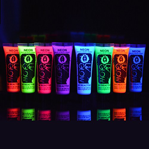 UV Glow Neon Face and Body Paint 10ml - Set of 8 Tubes - All Colours Fluorescent