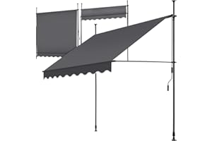 tectake Garden Patio Retractable Awning, Manual with Hand crank, Sun shade Canopy with UV and Rain Resistance, Clamp System with No Drilling Required - black/grey