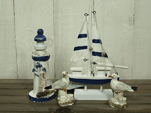 4tlg. Deko-Set: Leuchtturm,Segelboot & 2er Set Möwen maritime Dekoration
