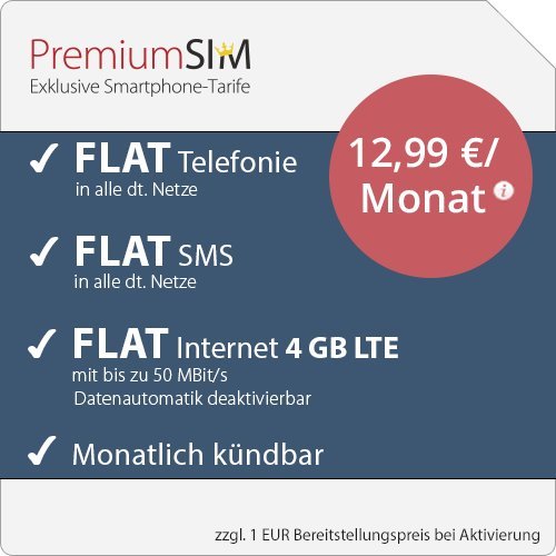PremiumSIM LTE M Allnet Flat [SIM, Micro-SIM und Nano-SIM] monatlich kÃ¼ndbar (FLAT Internet 4 GB LTE mit max. 50 MBit/s mit deaktivierbarer Datenautomatik, FLAT Telefonie, FLAT SMS und FLAT Europa, 12,99 Euro/Monat)