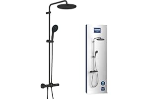 GROHE Vitalio Start System 250, Colonne de Douche avec Mitigeur Thermostatique, Douche de Tête Ronde 25cm 1 jet, Douchette Ronde 11cm 2 jets, Flexible 1.75m, Economie d'Eau, Noir Mat, 266772431