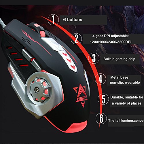 urchoiceltd® 2016 Ajazz X5 + Rainbow Hintergrundbeleuchtung Gaming Tastatur + 800/1200/1600/2400DPI 6 Tasten pro Gaming Maus + schwarz Tempel Mauspad - 5