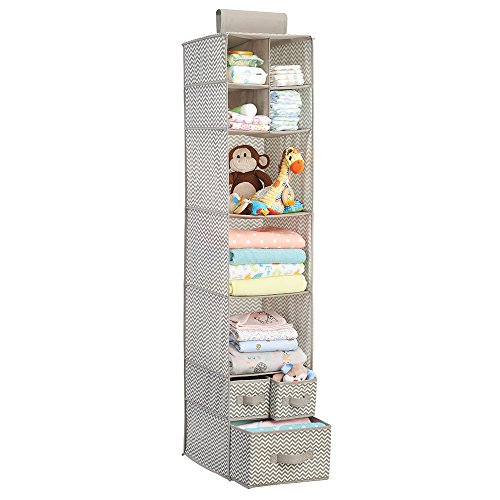 mDesign Hanging Wardrobe Organiser - No Drilling Needed - Hanging Organiser for Playroom Storage - for Clothes, Blankets & Baby Products - Practical Floating Shelves - Taupe / Natural