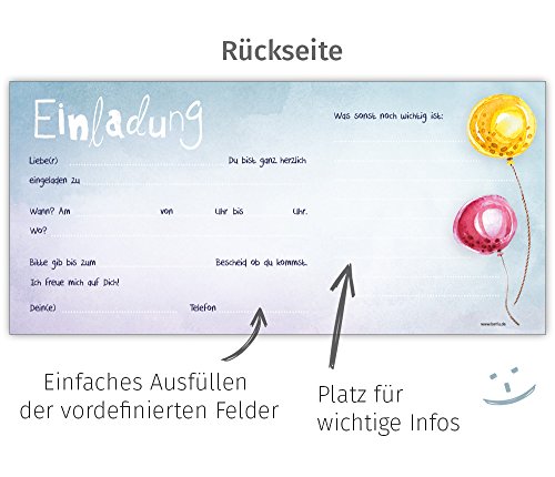 Set: 12 große Einladungskarten mit 12 Umschlägen zum Geburtstag, Kindergeburtstag oder sonstige Feier im freundlichen Ballon-Motiv - 5